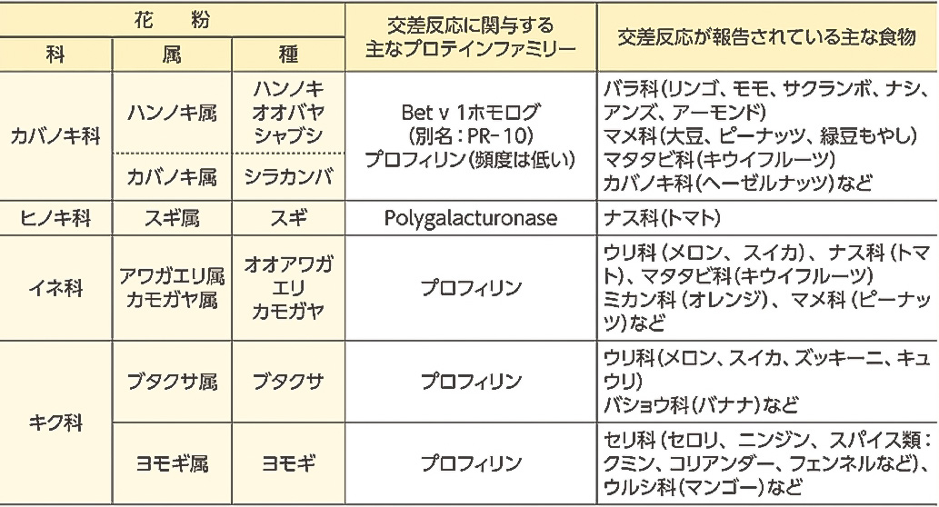 交差反応が報告されている主な食物